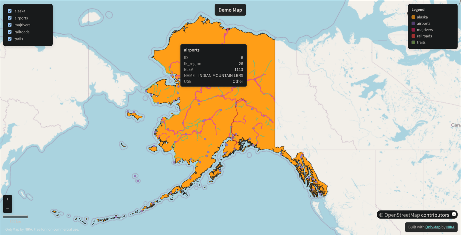 An exported map open in a browser, showing Alaska with airports, rivers, railroads and trails, a layer switcher, a legend, zoom controls, a scale bar and an open popup listing one airport's attributes.