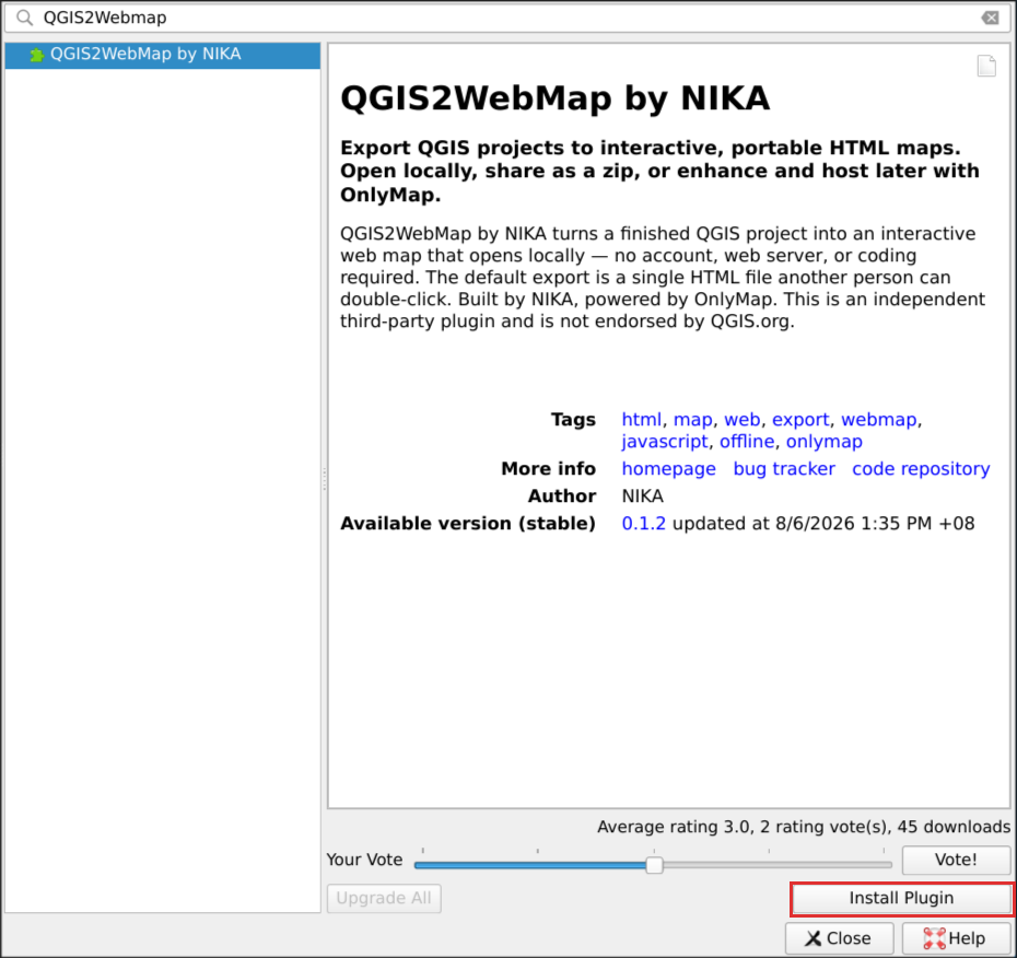 The plugin's page in the manager, with the Install Plugin button at the bottom right highlighted.